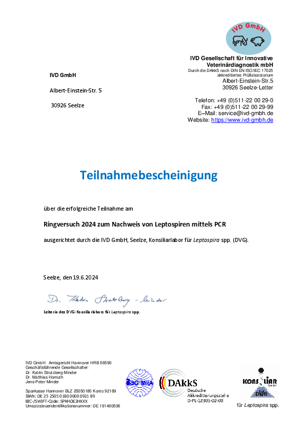 Zertifikat über die erfolgreiche Teilname am Ringversuchch zum Nachweis von Leptospiren mittels PCR 2024