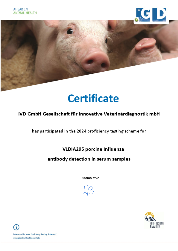 Zertifikat über die Teilnahme am Ringversuch zum Nachweis von Antikörpern gegen Influenza Viren beim Schwein in Blutserum 2024