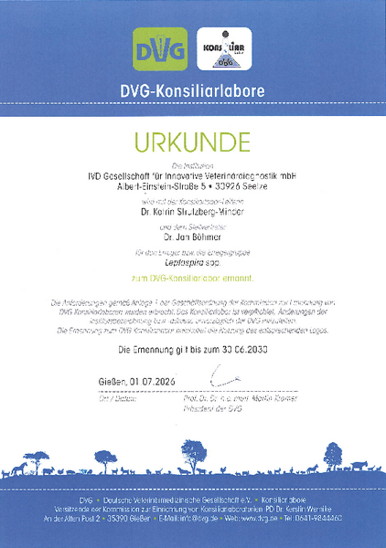 Urkunde über die Ernennung der IVD GmbH zum Konsiliarlabor für Leptospira spp.